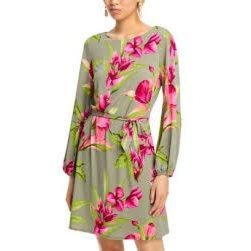 Tommy Bahama Size S Lavish Bloom Long Sleeve Mini Dress Green Pink Floral Modest